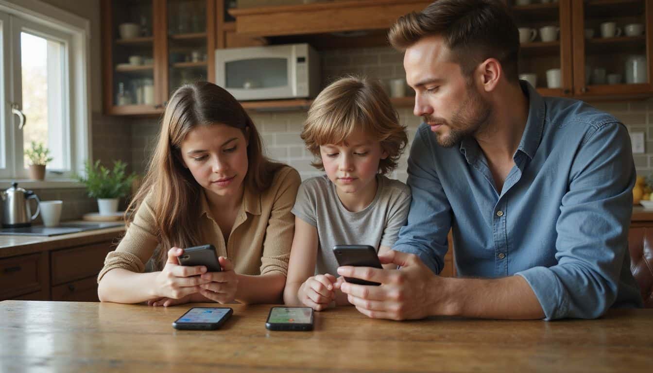 A family of four collaborates on their smartphones around a well-used kitchen table, engaged in financial planning. A family of four collaborates on their smartphones around a well-used kitchen table, engaged in financial planning.