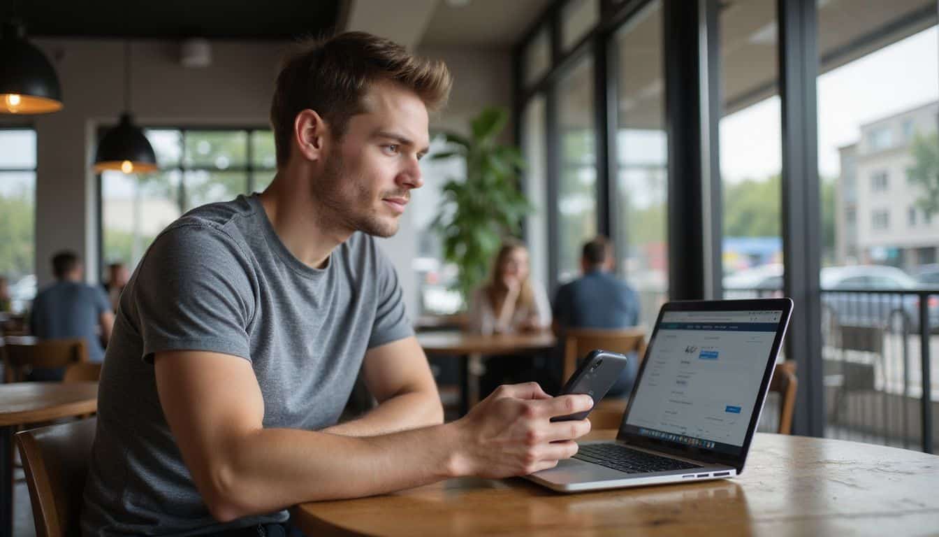 A young man sits at a table using a smartphone and laptop in a modern coffee shop. A young man sits at a table using a smartphone and laptop in a modern coffee shop.