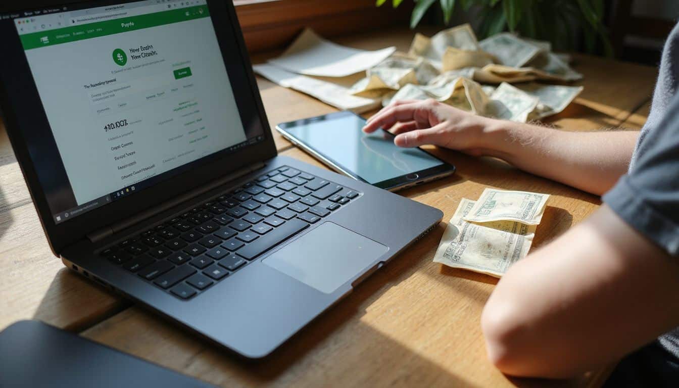 A cluttered desk features a laptop displaying Cash App, a tablet showing PayPal, and scattered financial papers. A cluttered desk features a laptop displaying Cash App, a tablet showing PayPal, and scattered financial papers.