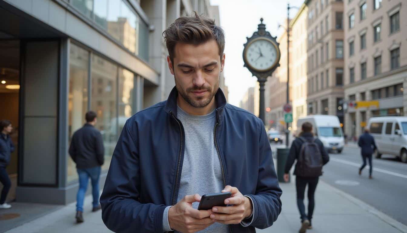 A man in a navy jacket types on his smartphone while standing on a busy urban sidewalk. A man in a navy jacket types on his smartphone while standing on a busy urban sidewalk.