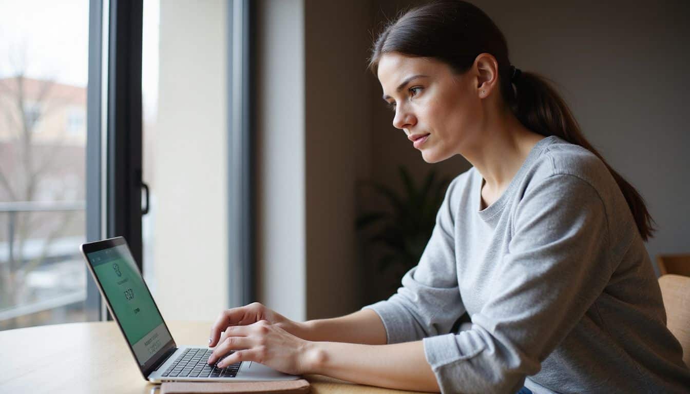 A woman in her mid-30s is focused on comparing Cash App and PayPal on her laptop at a minimalist desk. A woman in her mid-30s is focused on comparing Cash App and PayPal on her laptop at a minimalist desk.