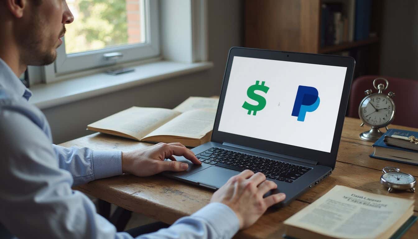 A cluttered desk features a laptop displaying Cash App and PayPal logos alongside worn customer service books and a stopwatch. A cluttered desk features a laptop displaying Cash App and PayPal logos alongside worn customer service books and a stopwatch.
