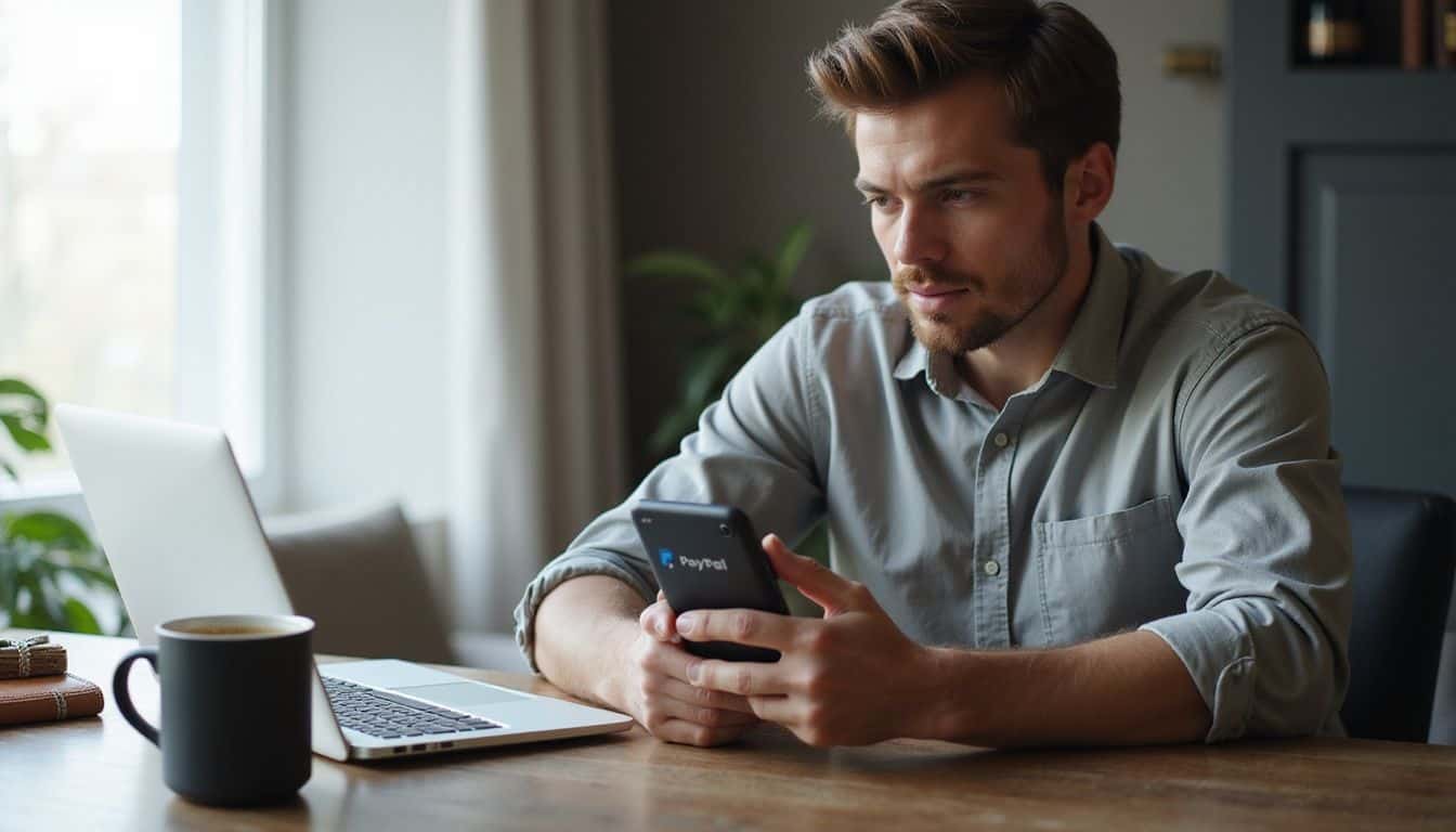 A focused man in his mid-30s uses a smartphone at a sleek, organized home office desk. A focused man in his mid-30s uses a smartphone at a sleek, organized home office desk.