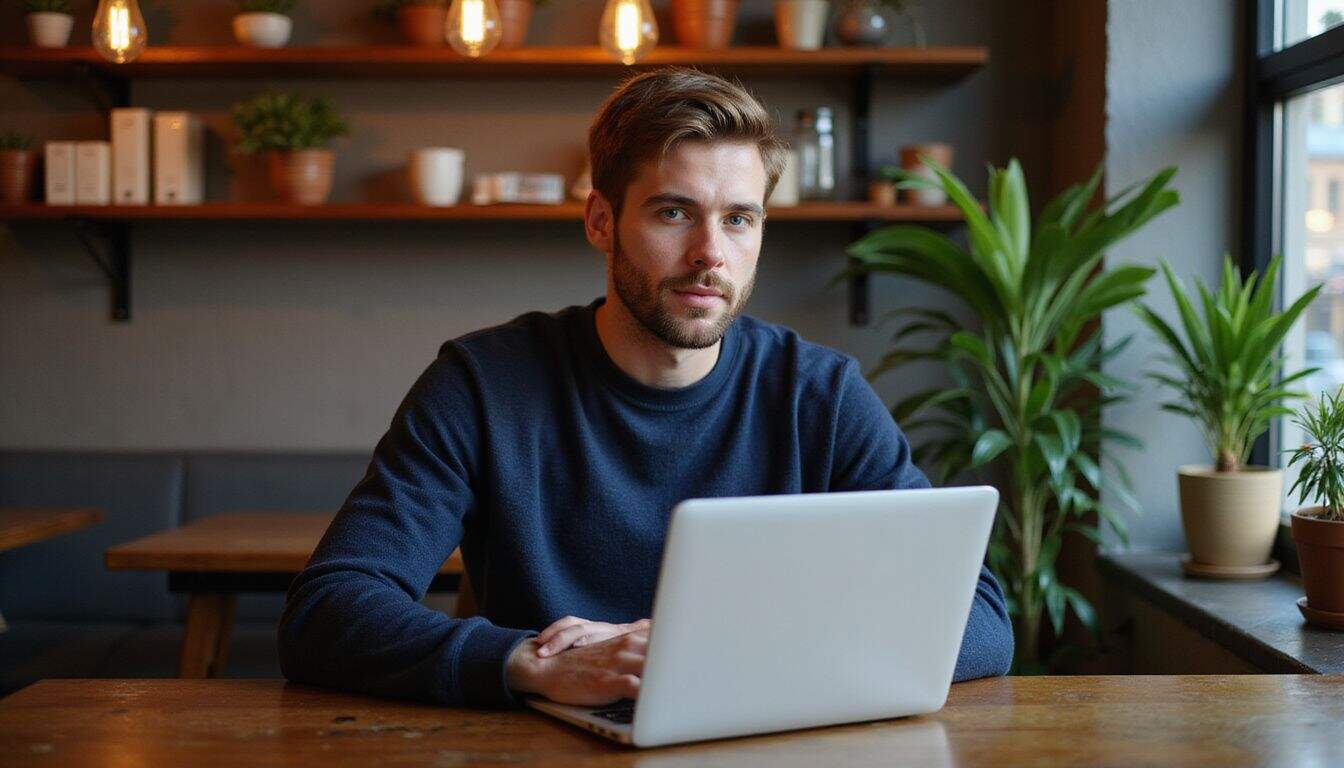 A man in a sweater reviews graphs on his laptop at a cozy coffee shop table. A man in a sweater reviews graphs on his laptop at a cozy coffee shop table.
