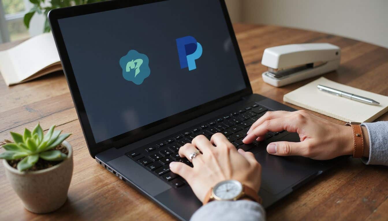 A modern desk features a laptop displaying Cash App and PayPal logos, accompanied by office supplies and a potted succulent. A modern desk features a laptop displaying Cash App and PayPal logos, accompanied by office supplies and a potted succulent.
