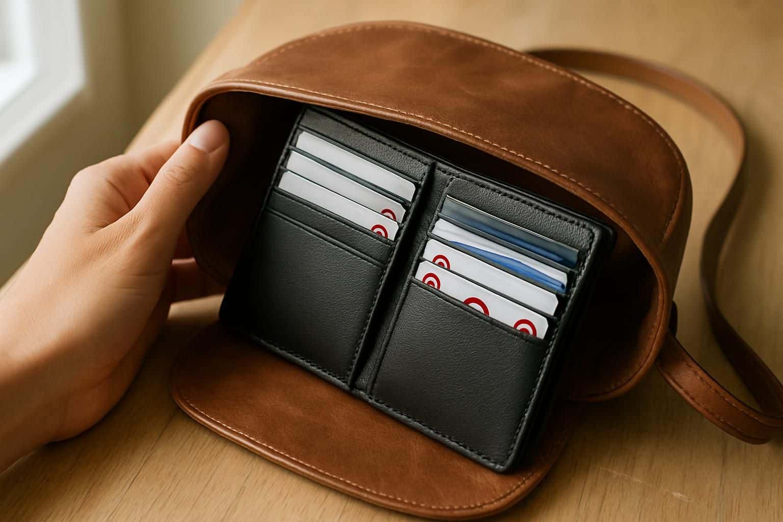 A gently worn leather purse reveals an organized bifold wallet filled with various cards on a light oak table. A gently worn leather purse reveals an organized bifold wallet filled with various cards on a light oak table.