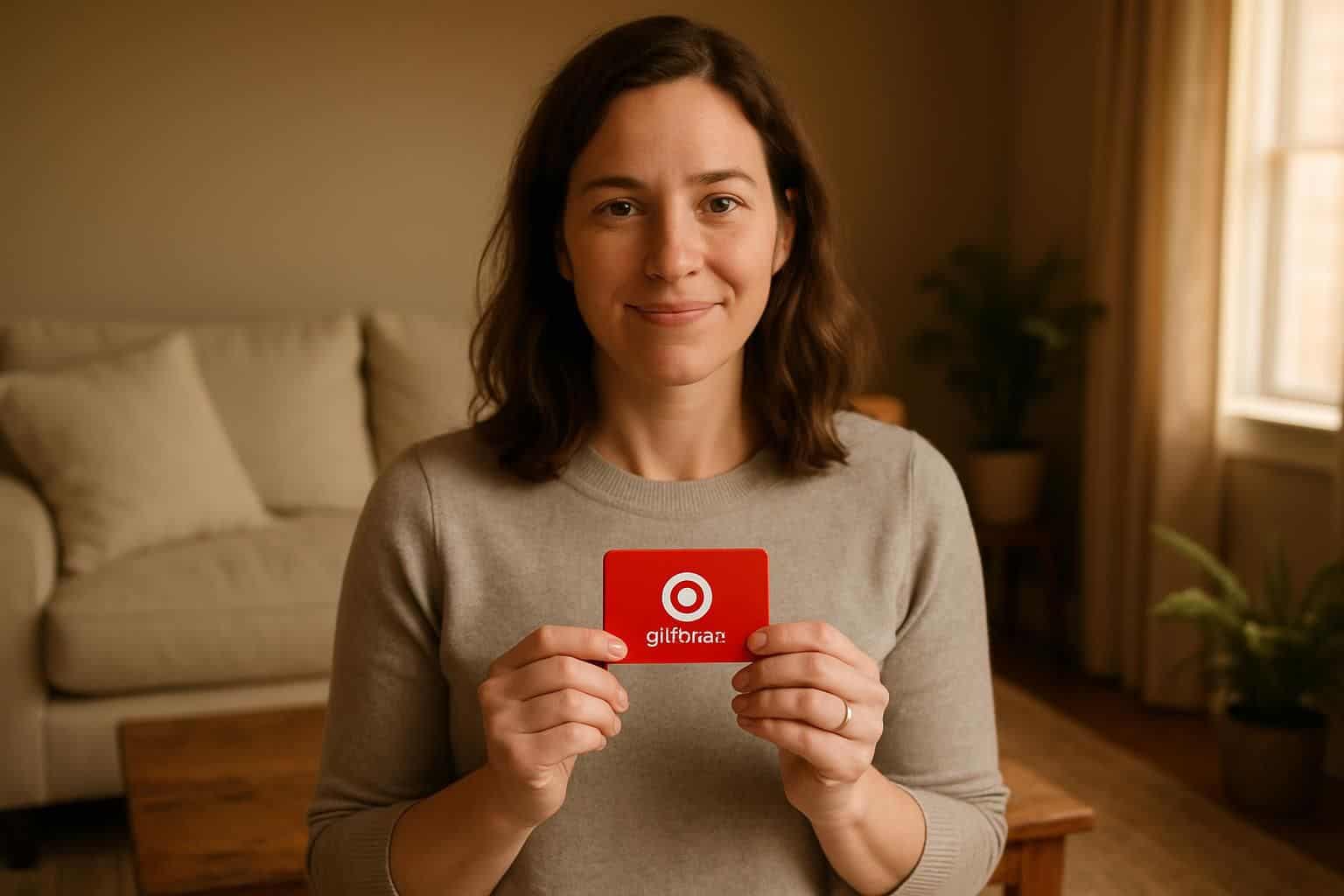 A woman in her 30s smiles warmly while holding a Target gift card in a cozy living room. A woman in her 30s smiles warmly while holding a Target gift card in a cozy living room.