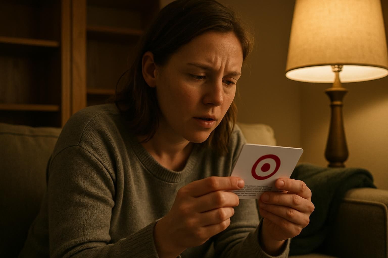 A woman examines a Target gift card while seated on a sofa in a cozy living room. A woman examines a Target gift card while seated on a sofa in a cozy living room.