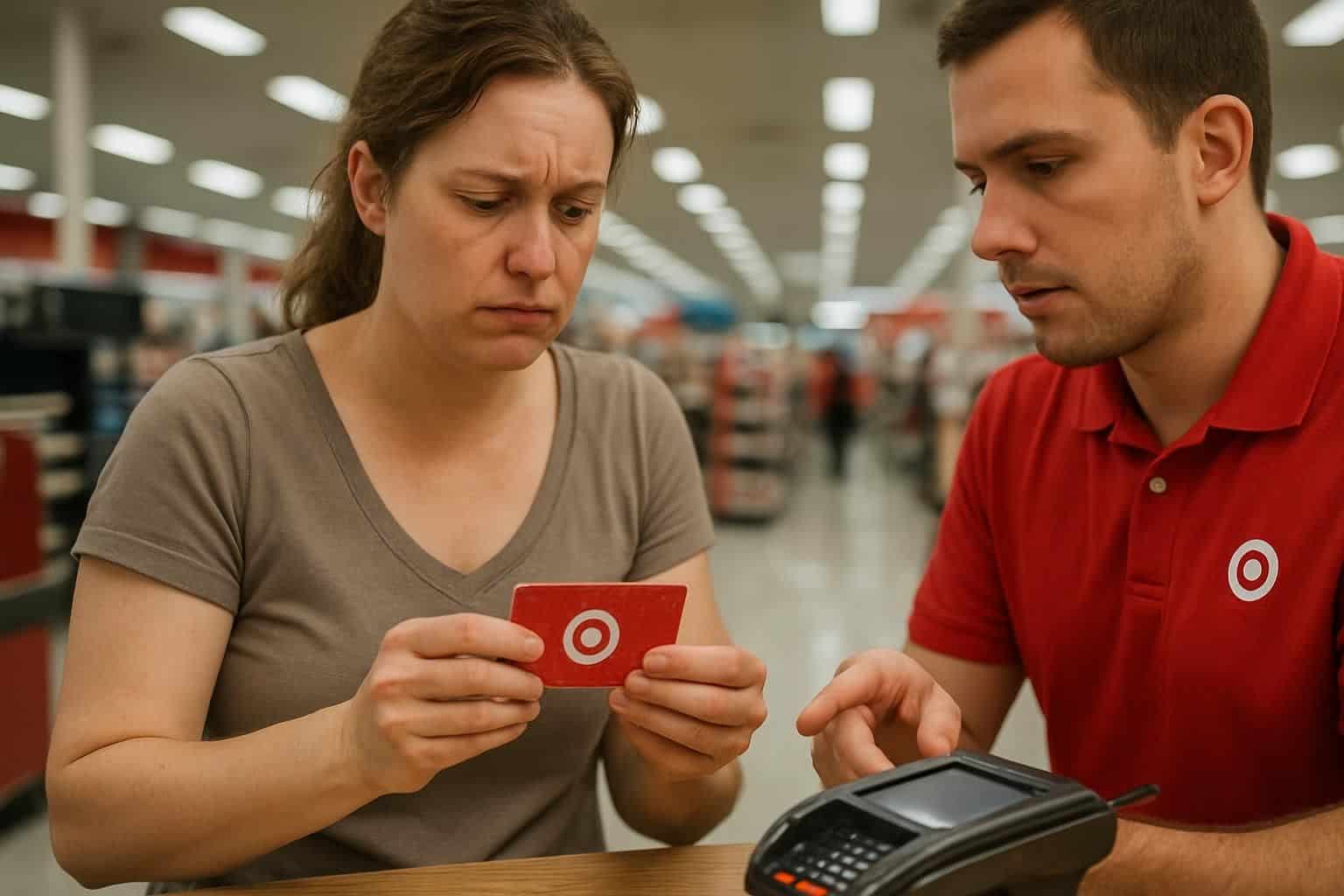 A frustrated woman at a checkout counter clutches a worn gift card as a concerned employee gestures toward the card reader. A frustrated woman at a checkout counter clutches a worn gift card as a concerned employee gestures toward the card reader.
