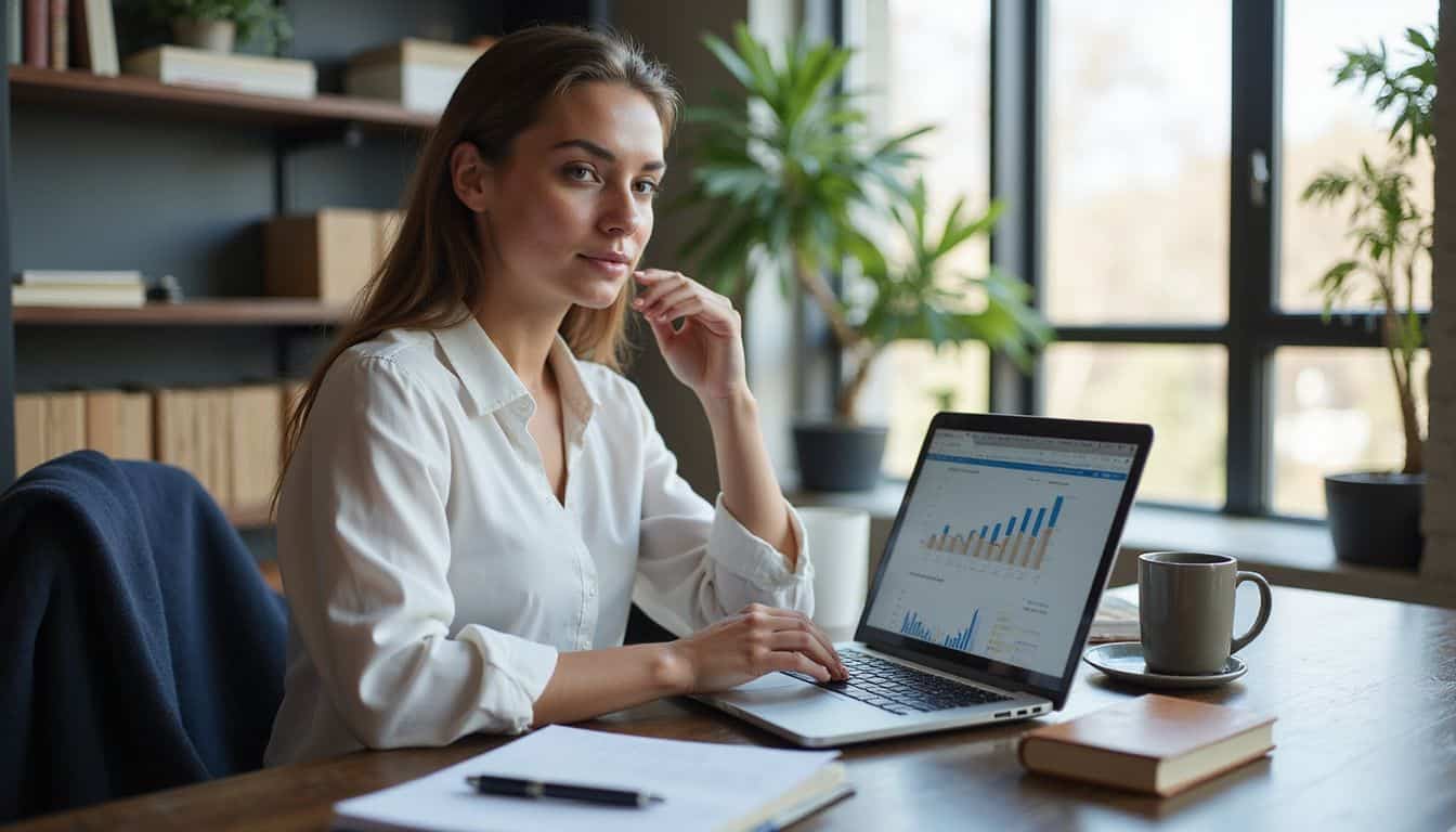 A marketing consultant reviews analytics at her desk with clear focus. A marketing consultant reviews analytics at her desk with clear focus.