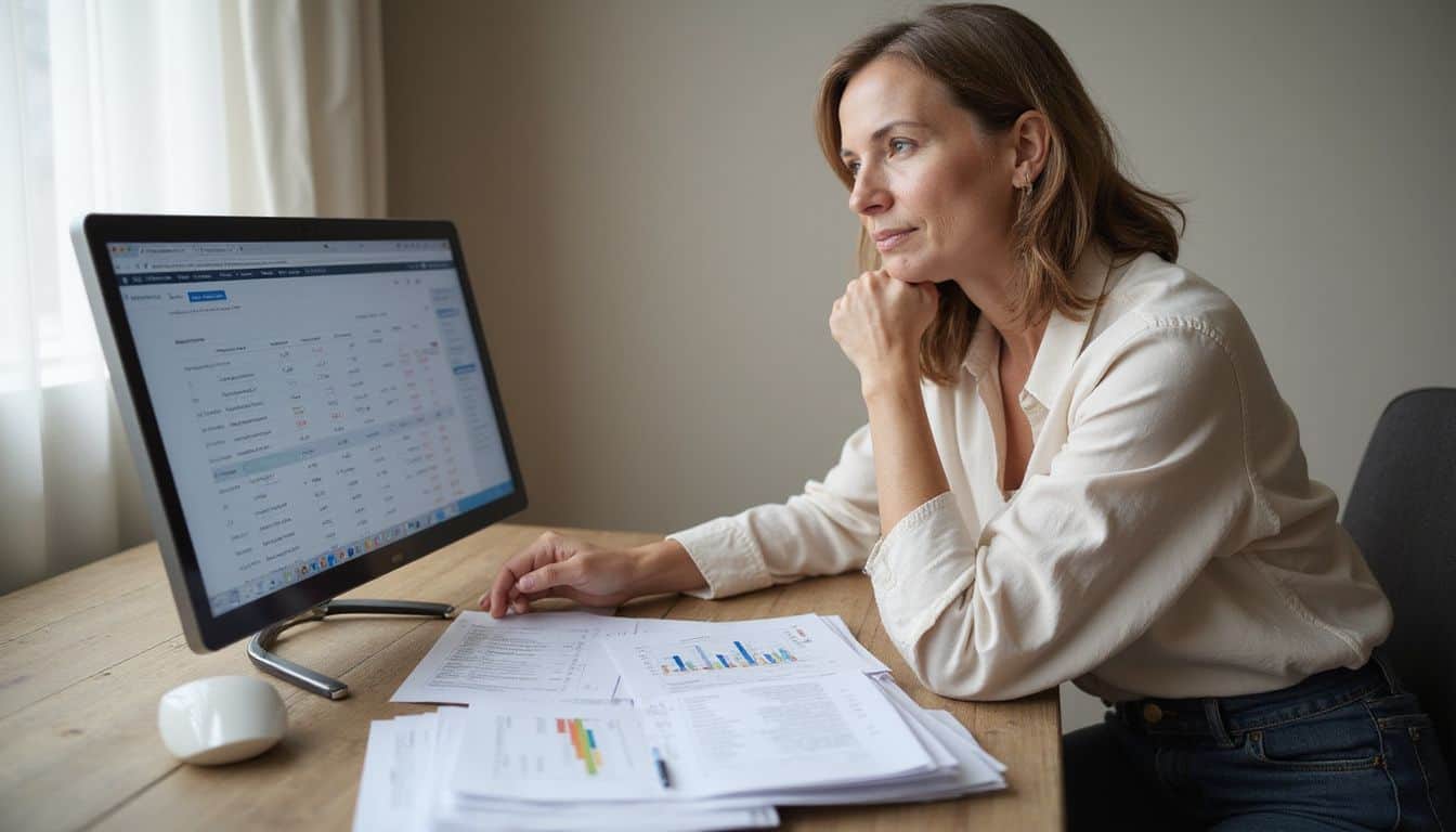 A manager reviews budget sheets and client data on a laptop at a wooden desk. A manager reviews budget sheets and client data on a laptop at a wooden desk.