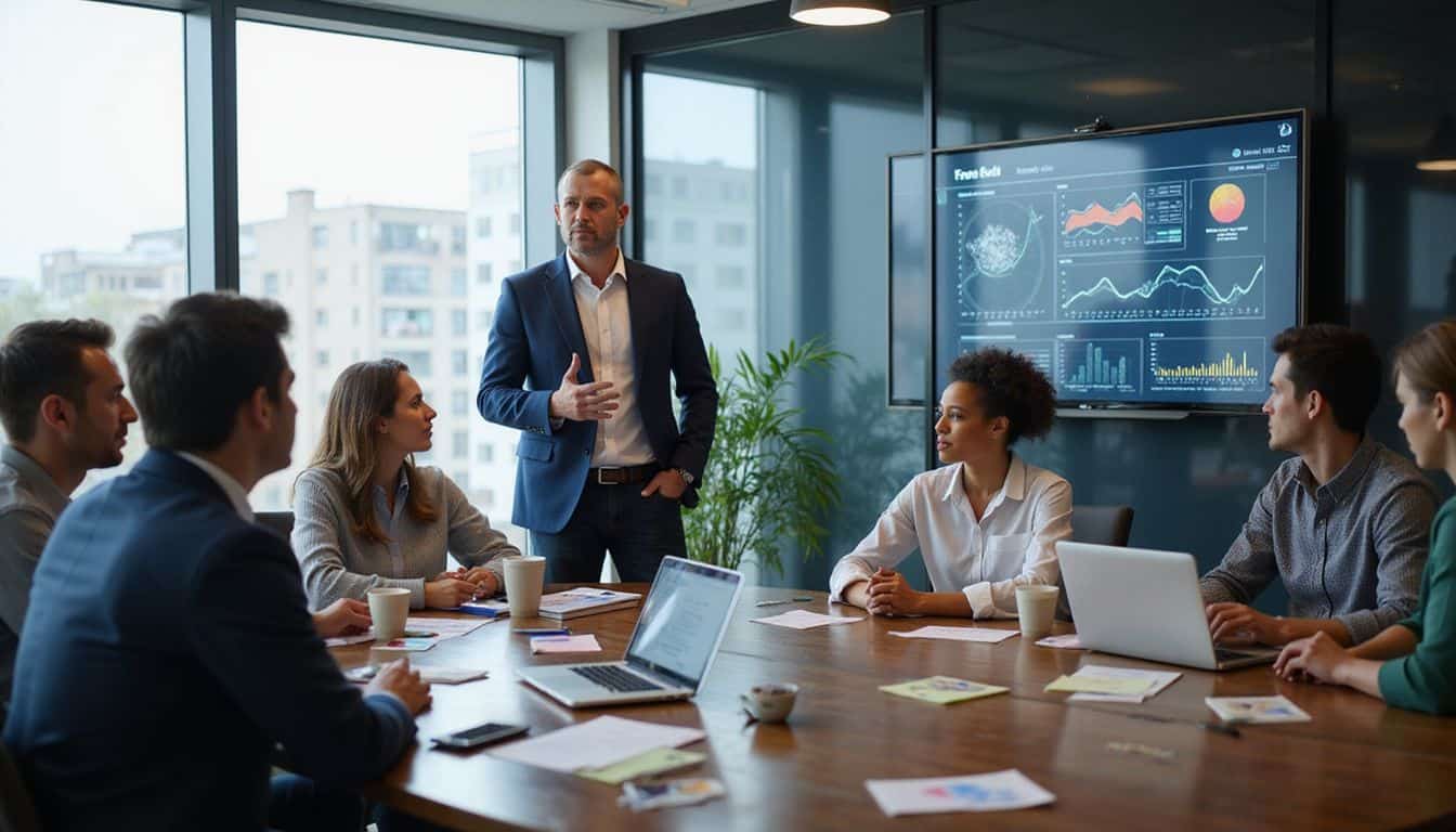 A leader presents analytics insights to a cross-functional team in a modern office. A leader presents analytics insights to a cross-functional team in a modern office.