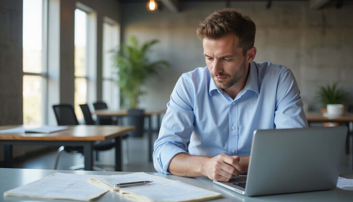 A professional reviews schedules and reports at a clean desk with a laptop. A professional reviews schedules and reports at a clean desk with a laptop.
