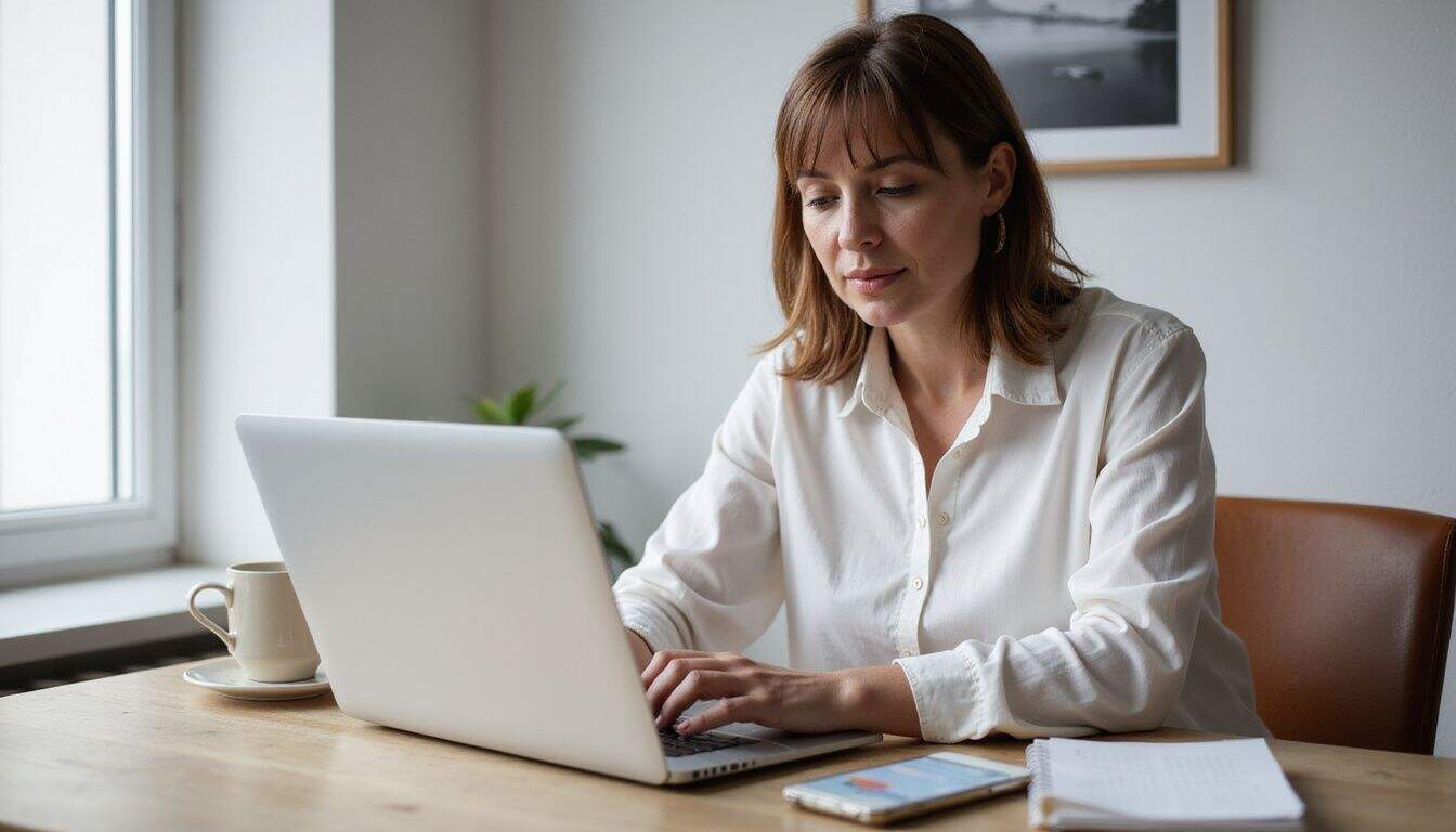 A professional types on a laptop at a simple home office desk with tidy tools. A professional types on a laptop at a simple home office desk with tidy tools.