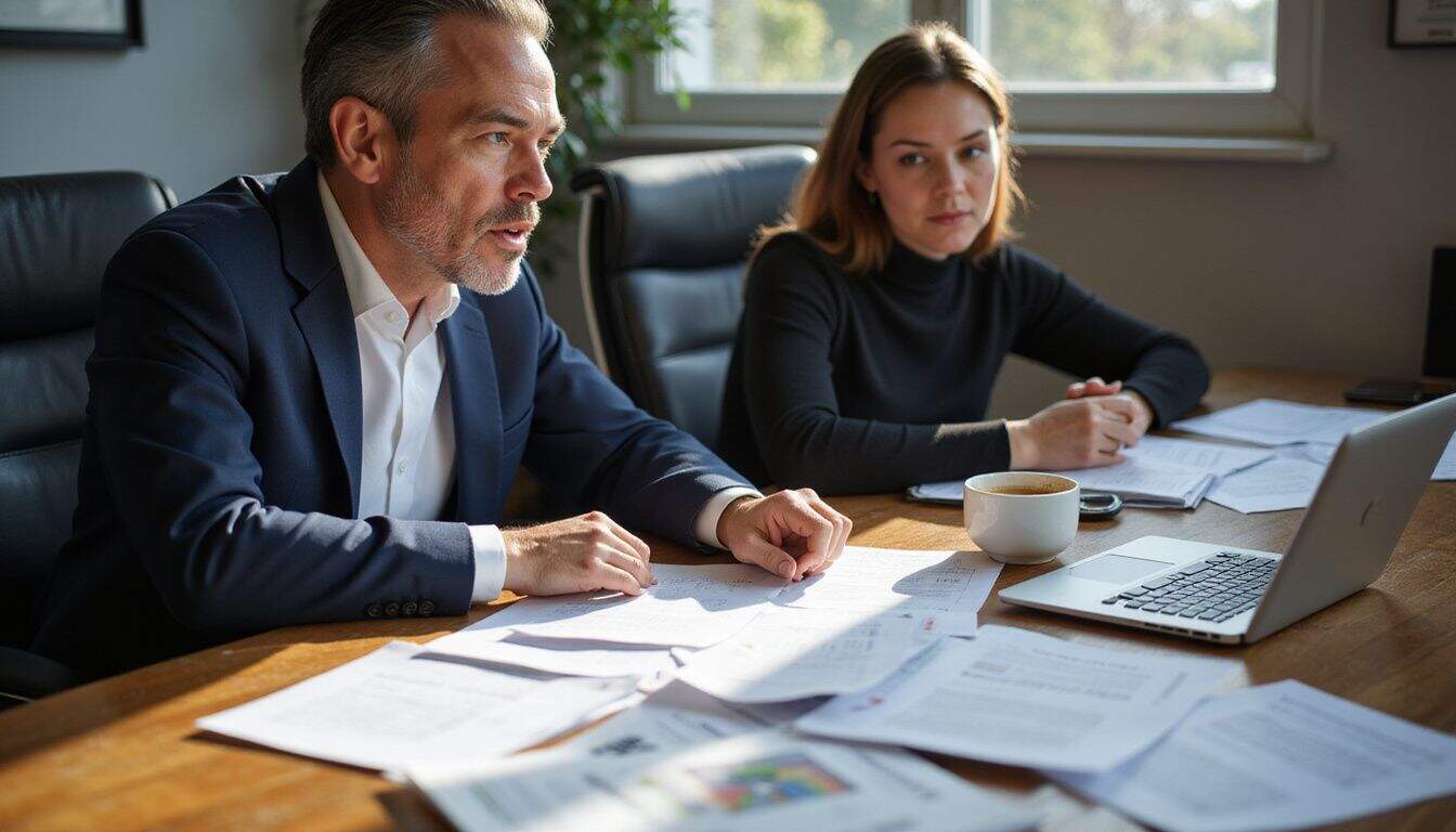 A fractional CMO and a consultant compare strategy notes over reports and laptops. A fractional CMO and a consultant compare strategy notes over reports and laptops.