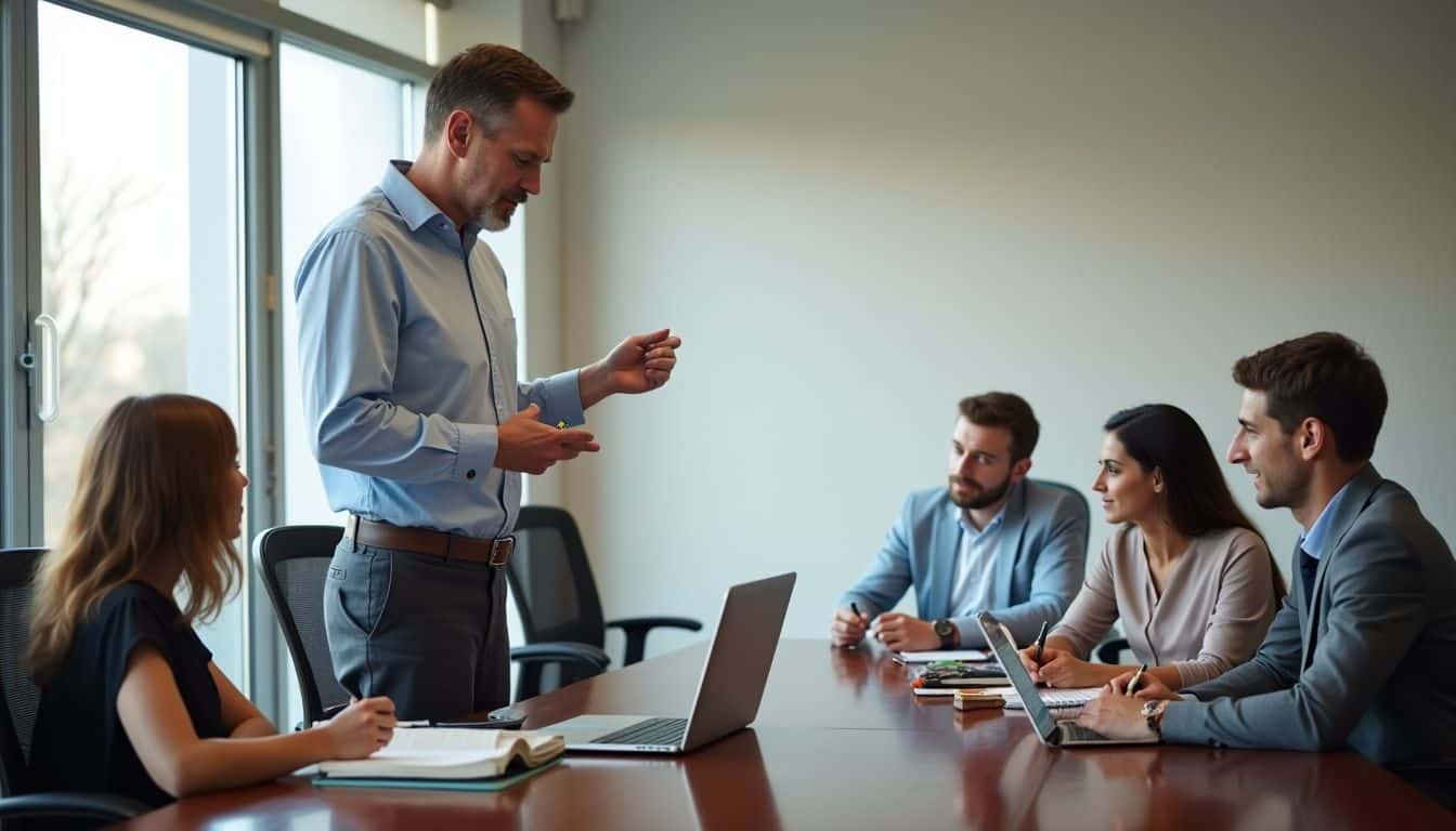 A presenter shares marketing data with a leadership group around a conference table. A presenter shares marketing data with a leadership group around a conference table.