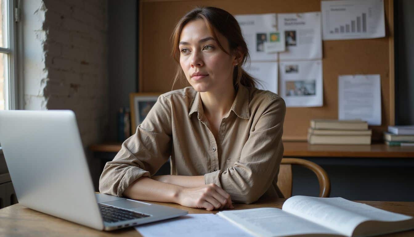 A focused professional reviews campaign briefs and analytics at a busy wooden desk. A focused professional reviews campaign briefs and analytics at a busy wooden desk.