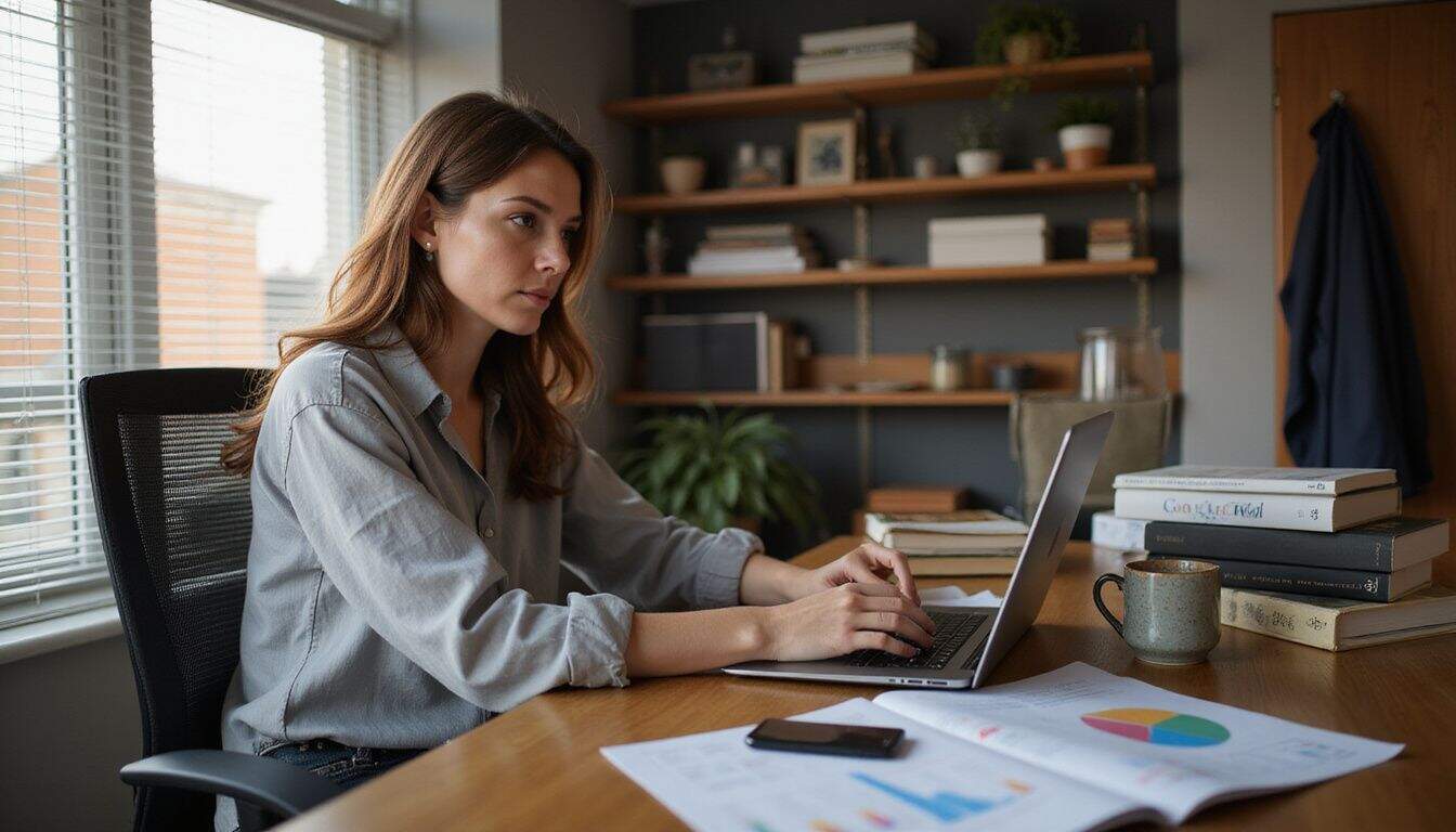 A professional reviews printed analytics and notes at a home office desk. A professional reviews printed analytics and notes at a home office desk.