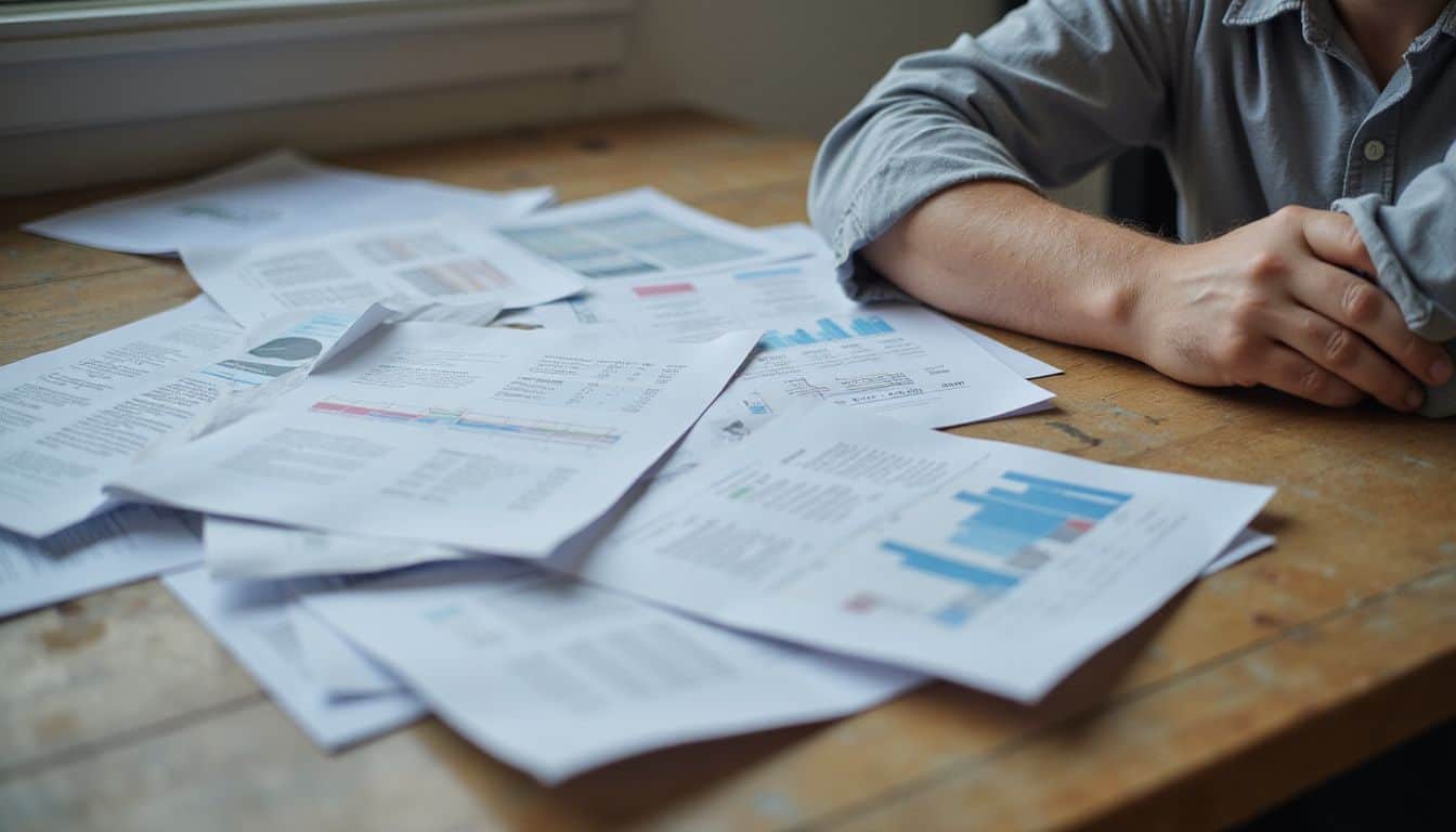 Printed reports and spreadsheets spread across a desk during an active review session. Printed reports and spreadsheets spread across a desk during an active review session.