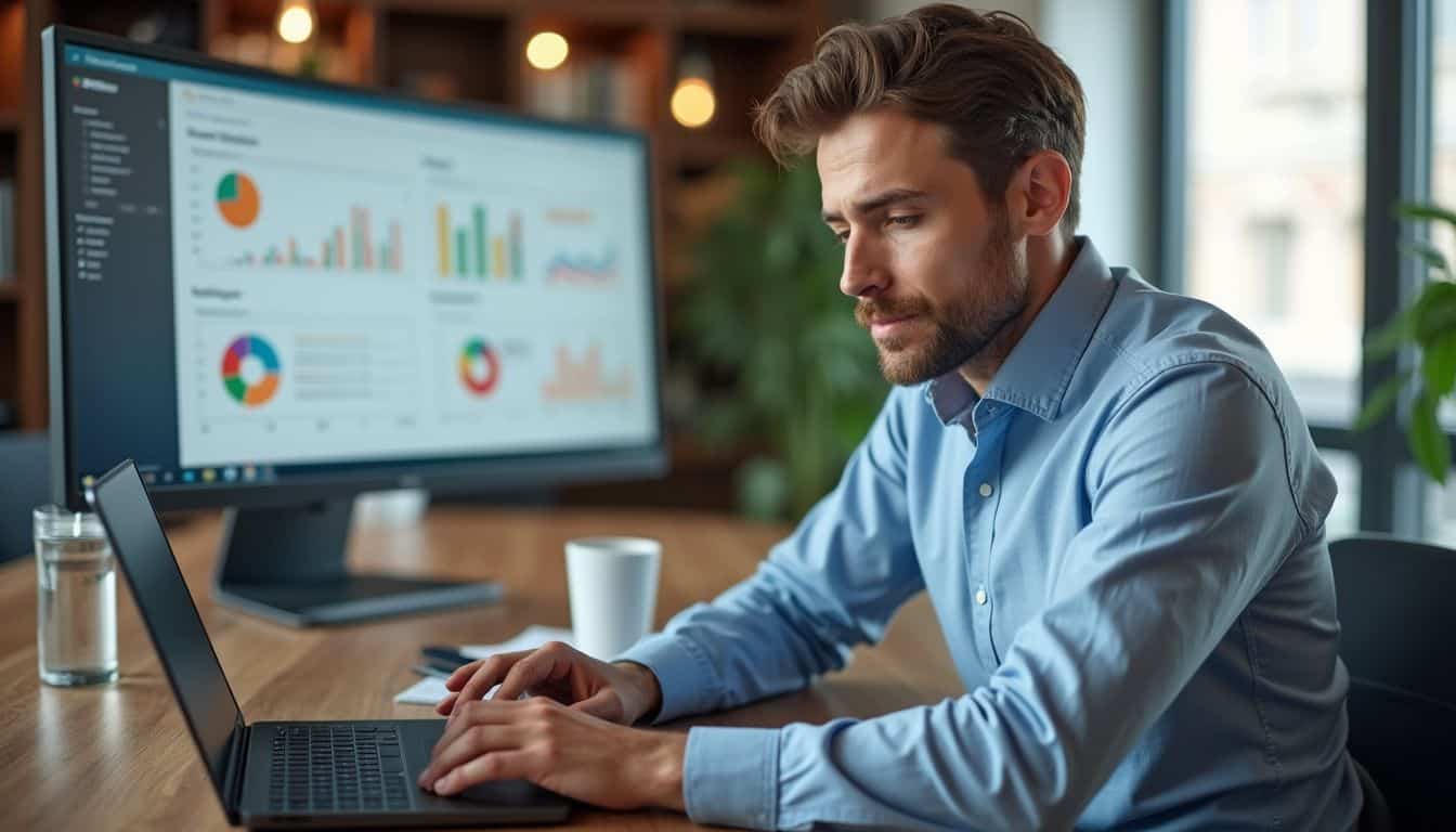 A specialist studies dashboards on dual screens while drafting a technical marketing fix. A specialist studies dashboards on dual screens while drafting a technical marketing fix.
