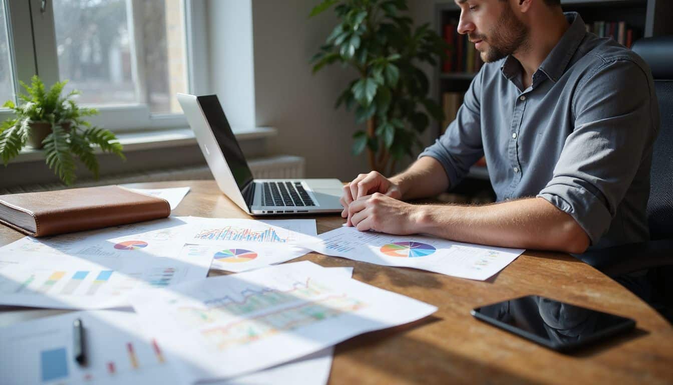 A specialist studies detailed campaign reports at a busy desk with a notebook. A specialist studies detailed campaign reports at a busy desk with a notebook.