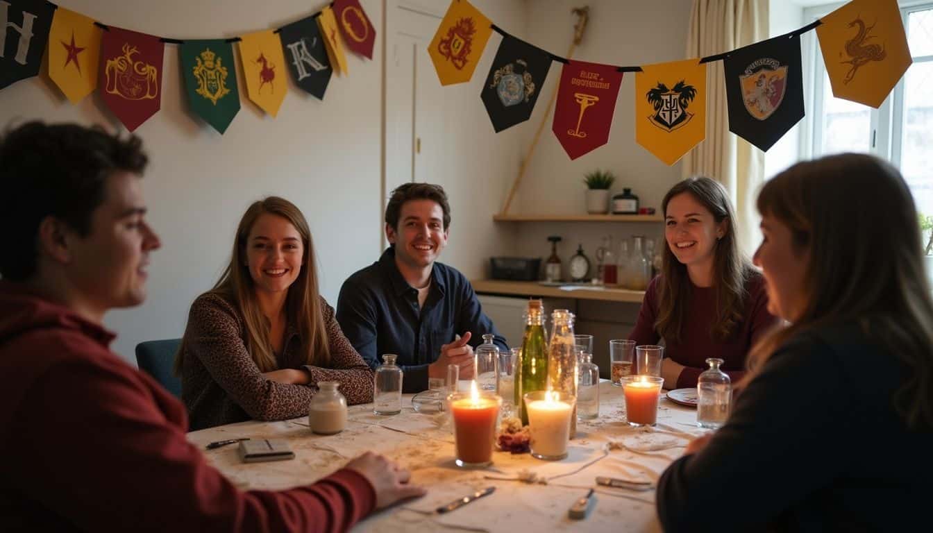A cozy, casual gathering for a Harry Potter-themed engagement party with friends enjoying each other's company. A cozy, casual gathering for a Harry Potter-themed engagement party with friends enjoying each other's company.
