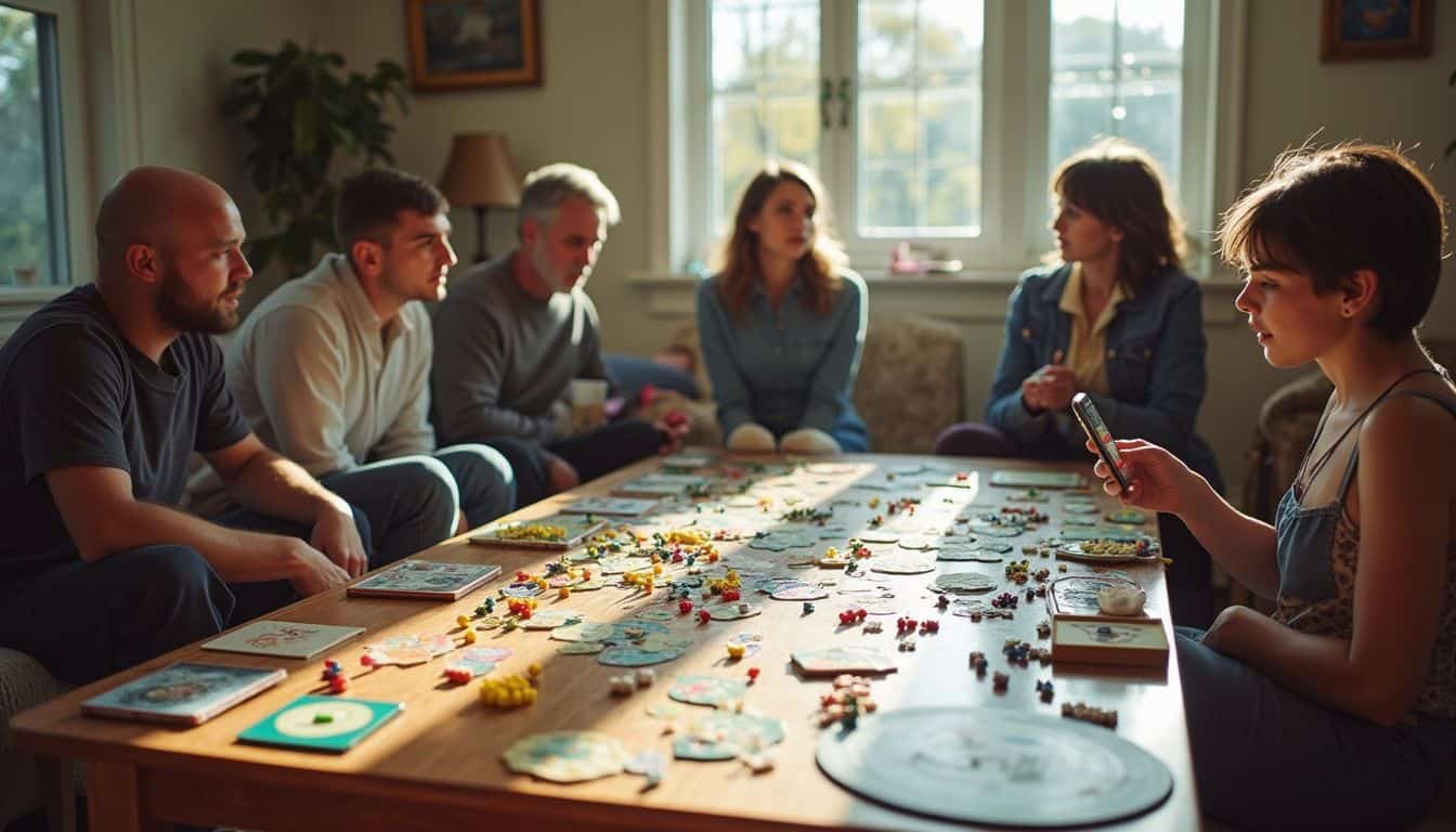 A casual gathering in a living room features friends chatting amidst a cluttered table of board games. A casual gathering in a living room features friends chatting amidst a cluttered table of board games.