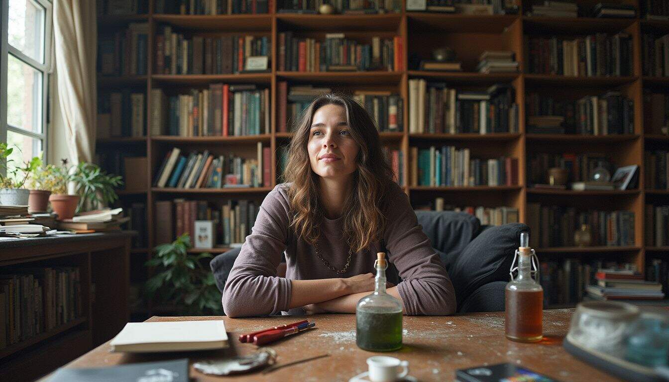 A cozy, lived-in living room features books, potion bottles, wands, and a relaxed person in the background.