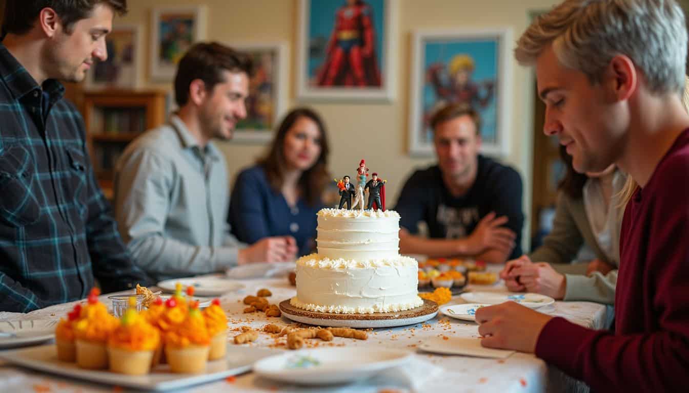 A lively dessert table features a superhero-themed wedding cake and colorful sweets at a casual family gathering. A lively dessert table features a superhero-themed wedding cake and colorful sweets at a casual family gathering.
