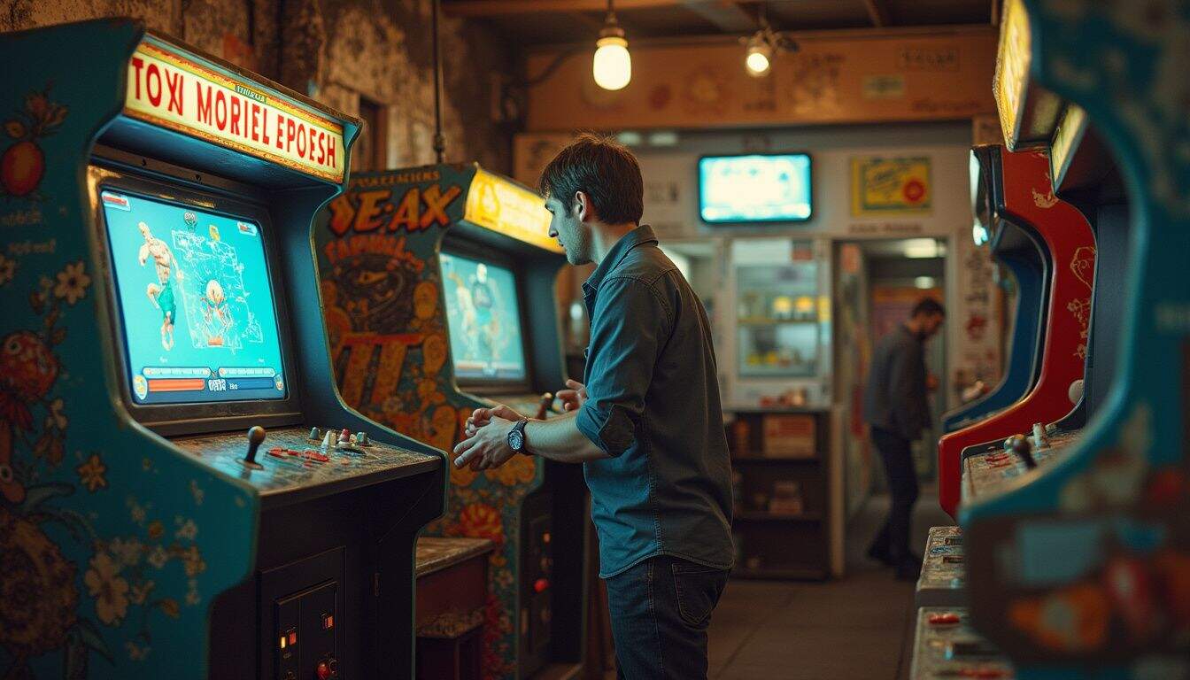 A guy in his 30s sets up gaming stations in a charming, slightly cluttered retro arcade. A guy in his 30s sets up gaming stations in a charming, slightly cluttered retro arcade.