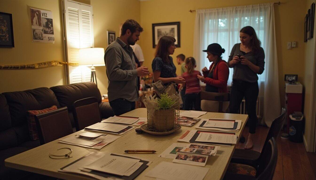 A cozy living room is set up for a casual engagement murder mystery party with decorations and homemade menus. A cozy living room is set up for a casual engagement murder mystery party with decorations and homemade menus.