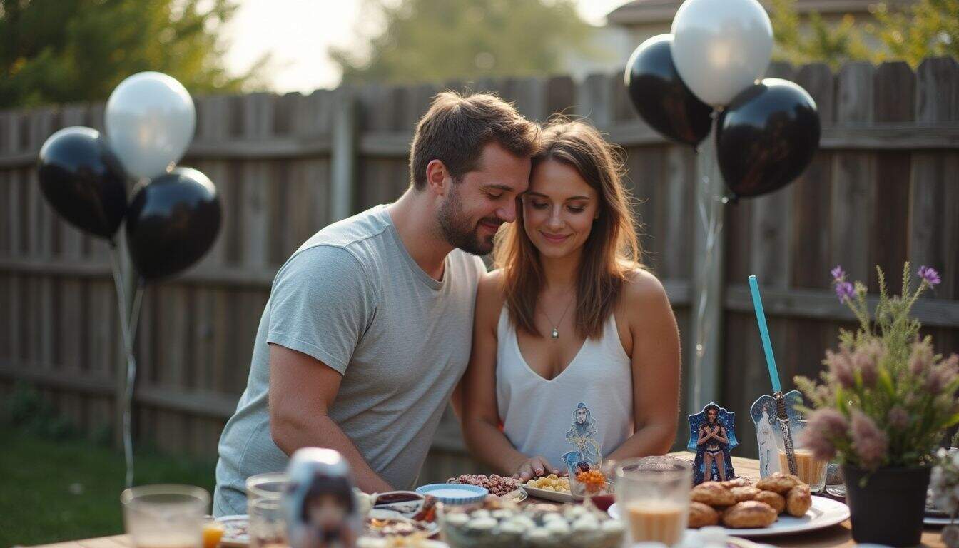 A relaxed couple decorates their backyard for an engagement party with a fun Star Wars theme.