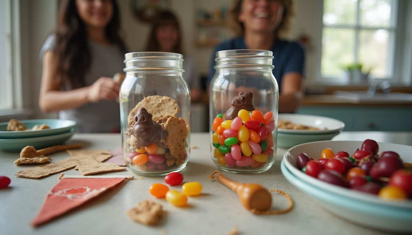 A casual dessert spread features jars of chocolate frogs and jelly beans on a kitchen counter with everyday dishes nearby. A casual dessert spread features jars of chocolate frogs and jelly beans on a kitchen counter with everyday dishes nearby.