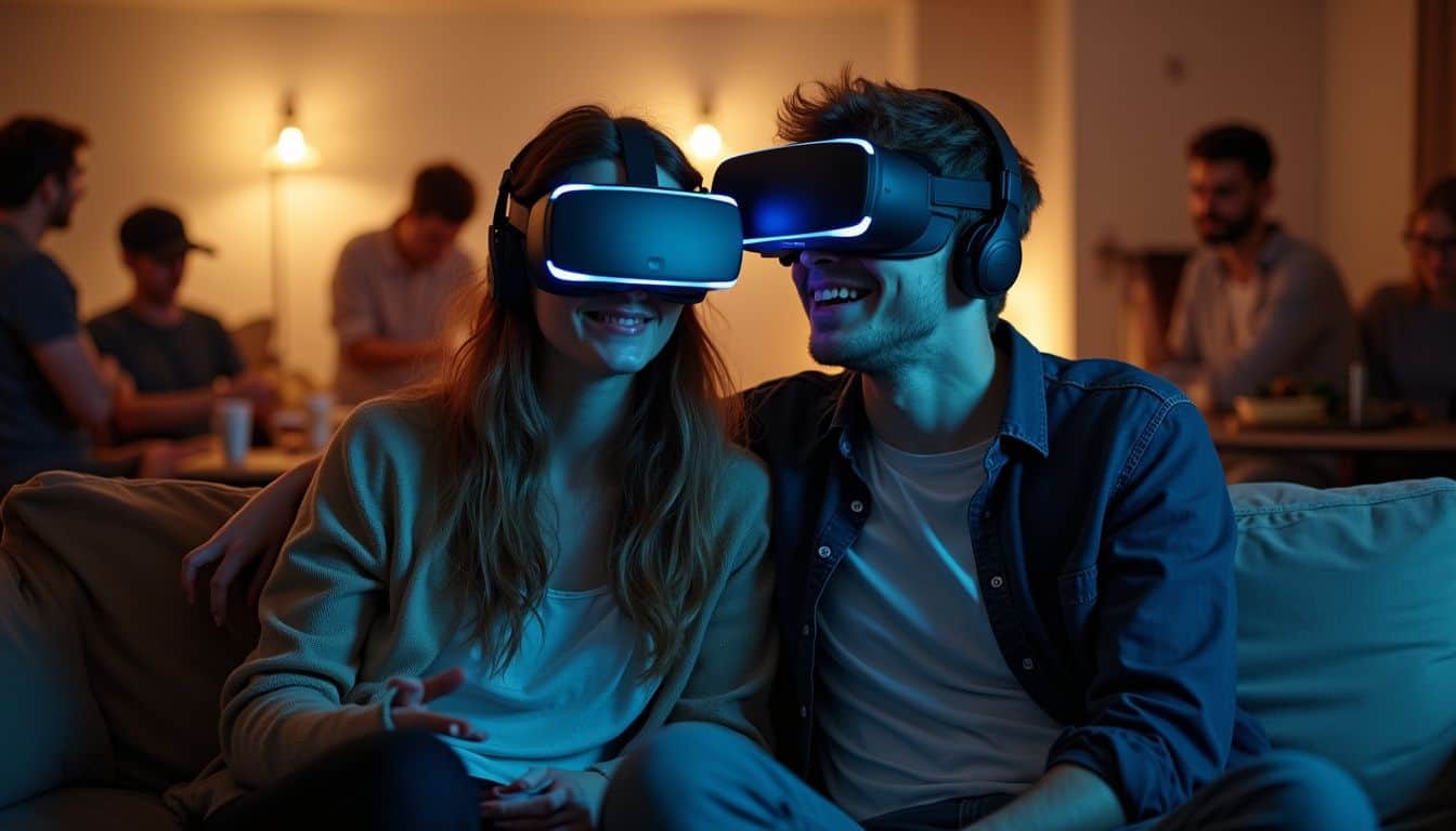 A couple in casual clothes enjoys a cozy VR gaming session at a laid-back get-together with friends. A couple in casual clothes enjoys a cozy VR gaming session at a laid-back get-together with friends.