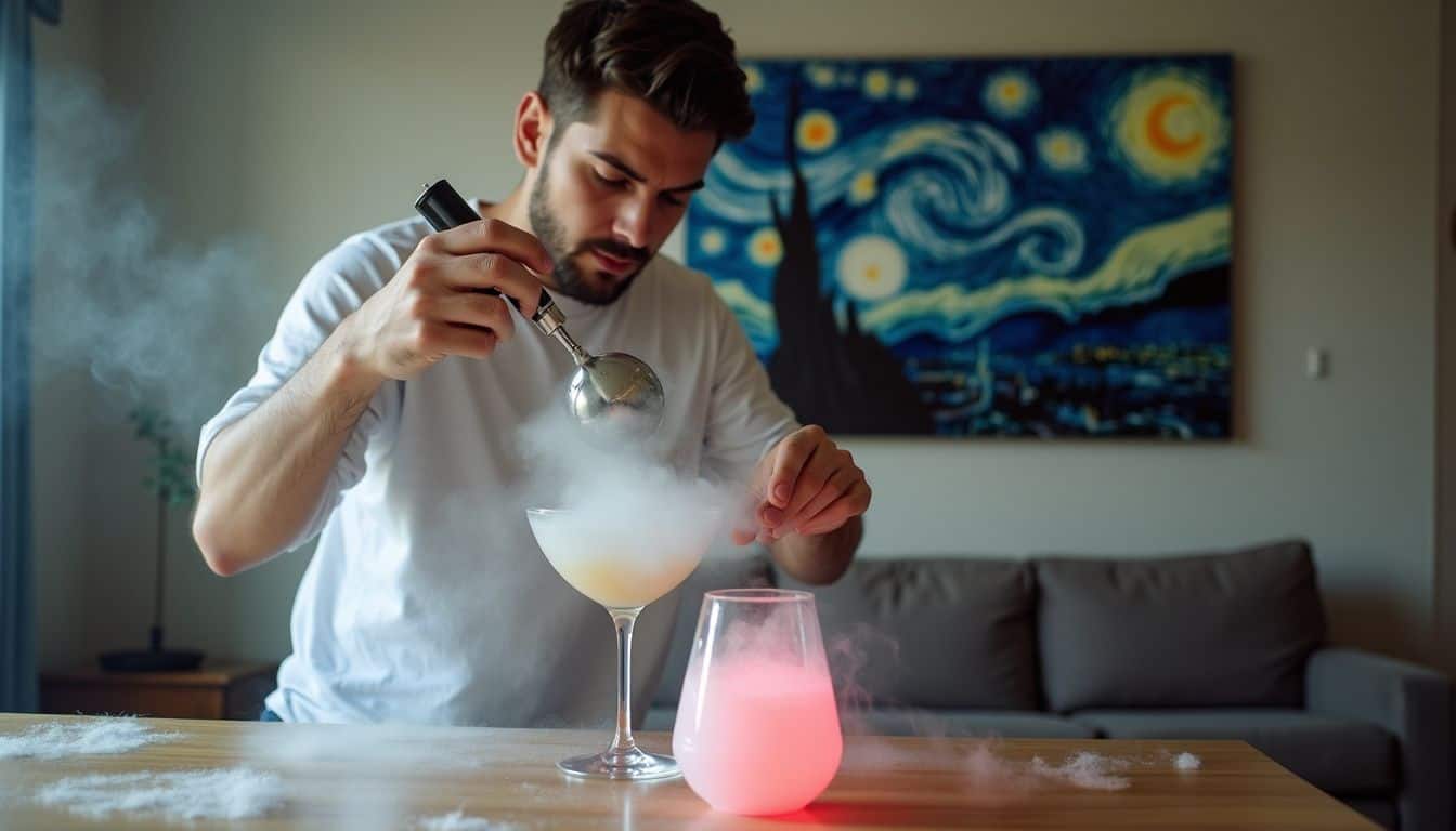 A casual guy mixes smoky cocktails at home, surrounded by LED glasses and a starry night poster. A casual guy mixes smoky cocktails at home, surrounded by LED glasses and a starry night poster.