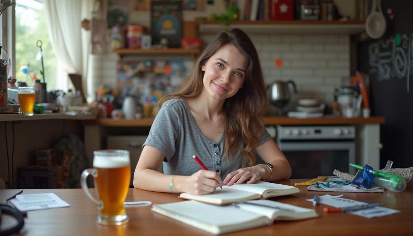 A woman casually writes in her journal at a cluttered table adorned with geeky decorations and a Butterbeer drink. A woman casually writes in her journal at a cluttered table adorned with geeky decorations and a Butterbeer drink.