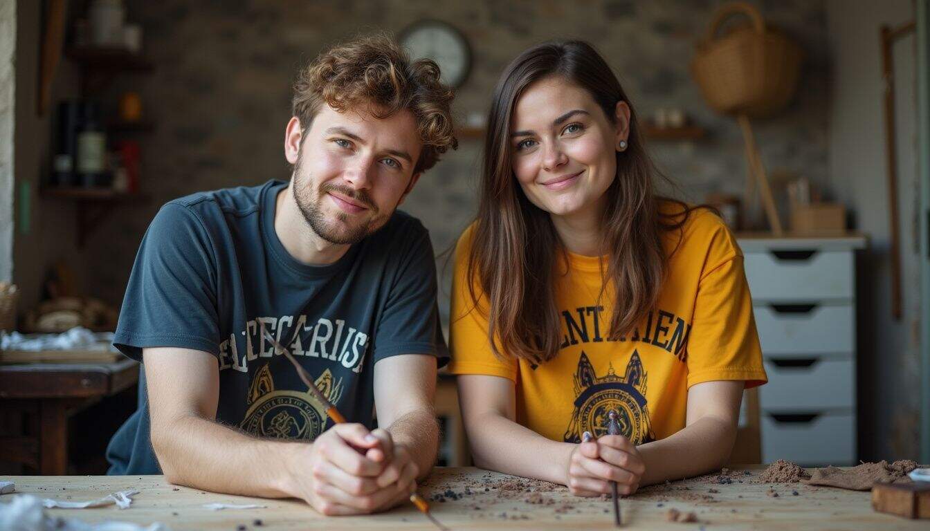 A man and woman in their 30s casually make wands together at a DIY table surrounded by wizard-themed items. A man and woman in their 30s casually make wands together at a DIY table surrounded by wizard-themed items.