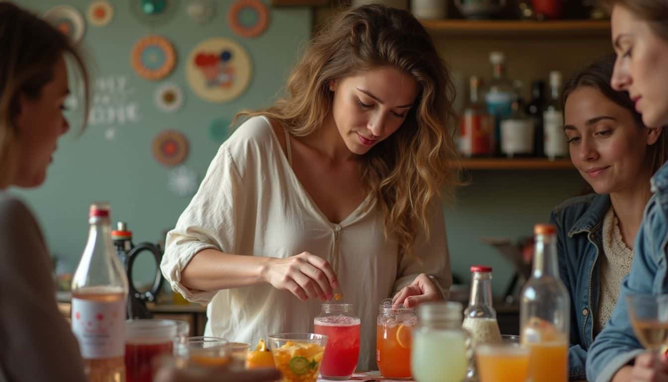 A woman in casual clothes mixes colorful, fizzy drinks at a cluttered table during a small gathering with friends. A woman in casual clothes mixes colorful, fizzy drinks at a cluttered table during a small gathering with friends.