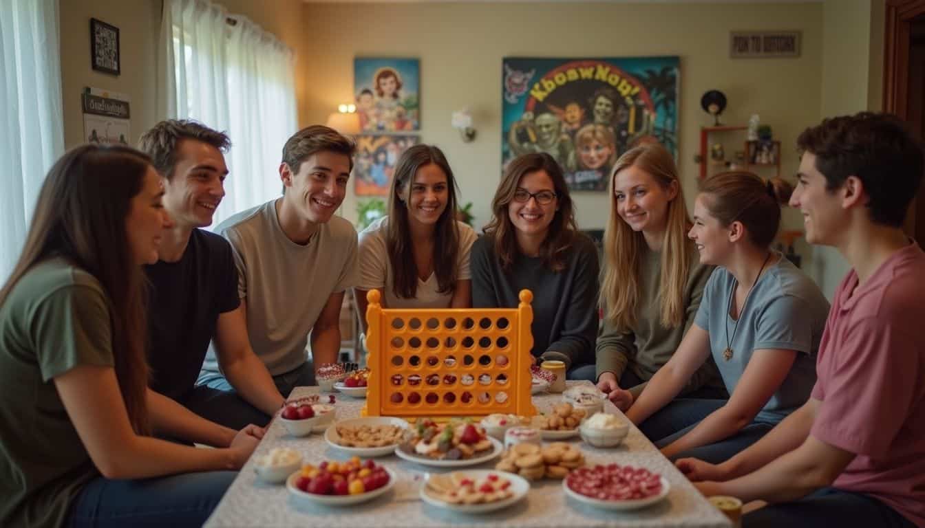 A group of young adults enjoys a casual gathering around a Connect Four game at a cozy, themed engagement party. A group of young adults enjoys a casual gathering around a Connect Four game at a cozy, themed engagement party.