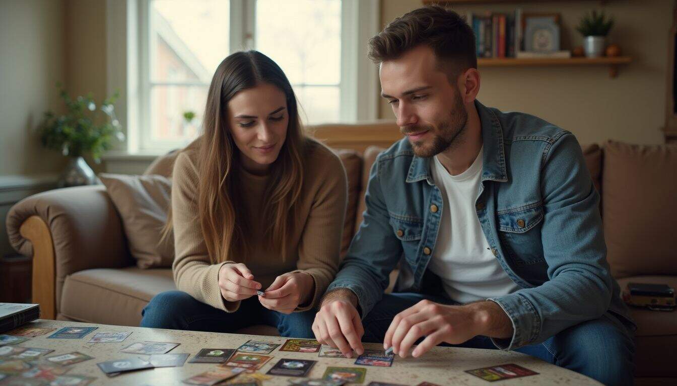 A couple in their late 20s sorts through scavenger hunt clues in a cozy, cluttered living room. A couple in their late 20s sorts through scavenger hunt clues in a cozy, cluttered living room.