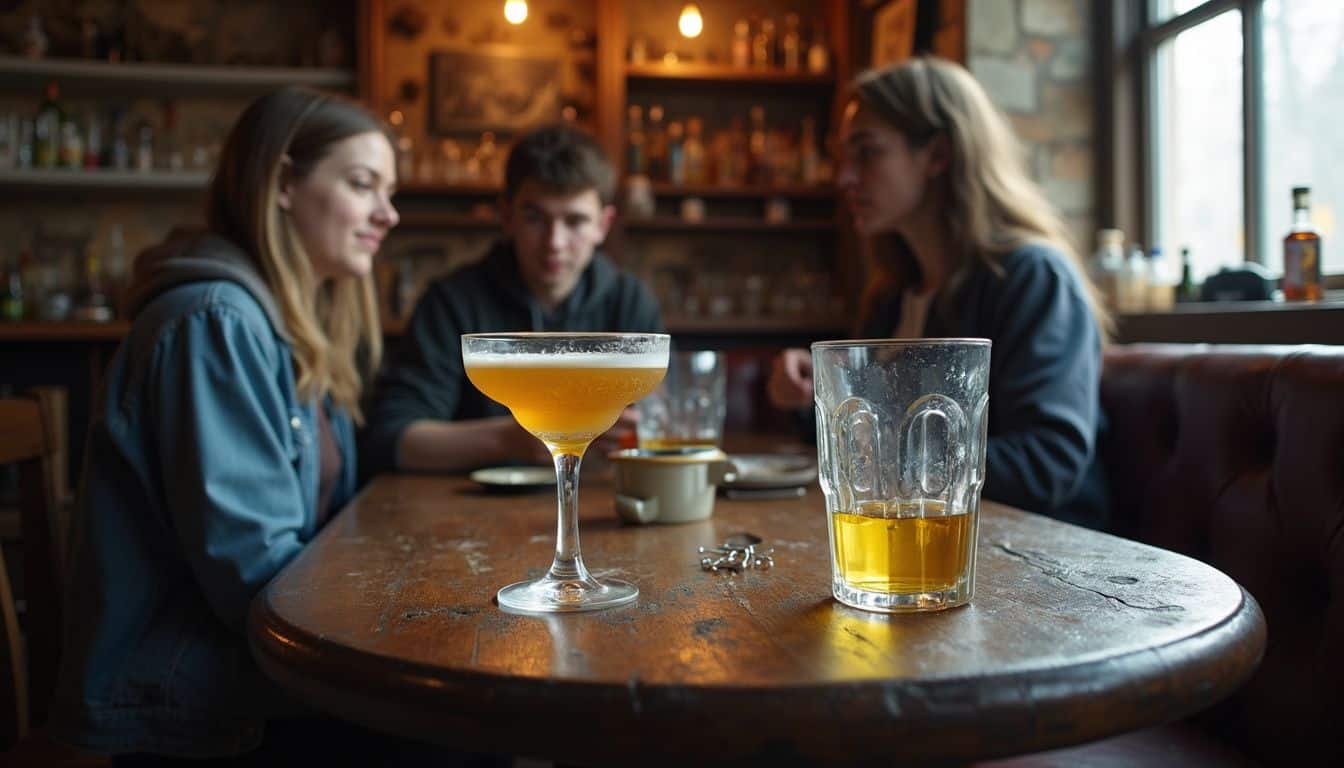 A cozy bar corner filled with Harry Potter memorabilia and themed drinks, capturing a relaxed gathering of friends.