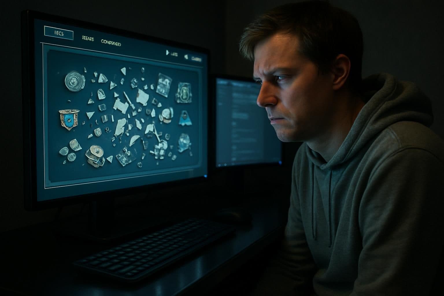 A person sits frustrated at a desk, staring at a computer screen displaying a ruined digital game account. A person sits frustrated at a desk, staring at a computer screen displaying a ruined digital game account.