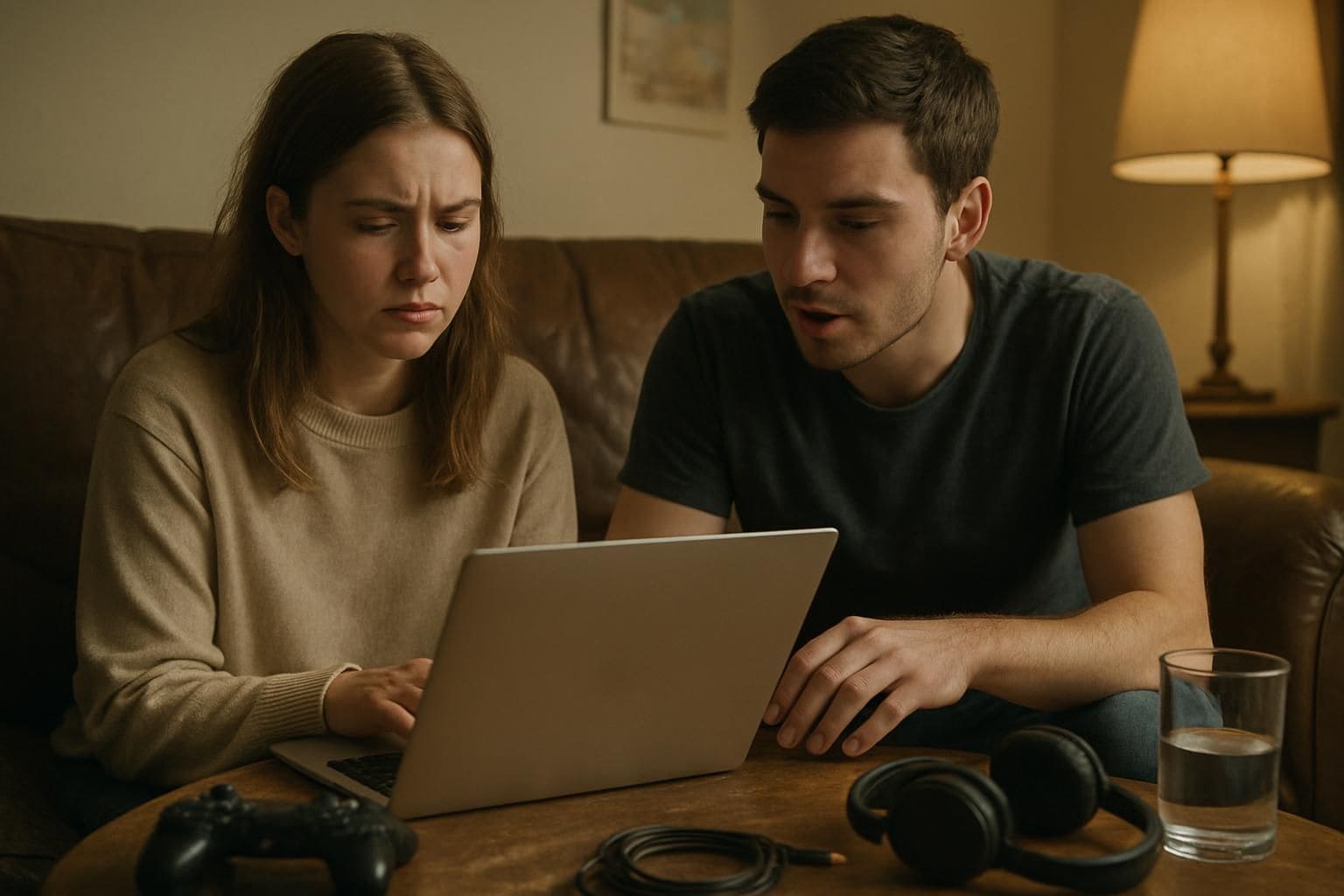 A young couple sits on a worn couch, engaged in a tense conversation about digital boundaries. A young couple sits on a worn couch, engaged in a tense conversation about digital boundaries.
