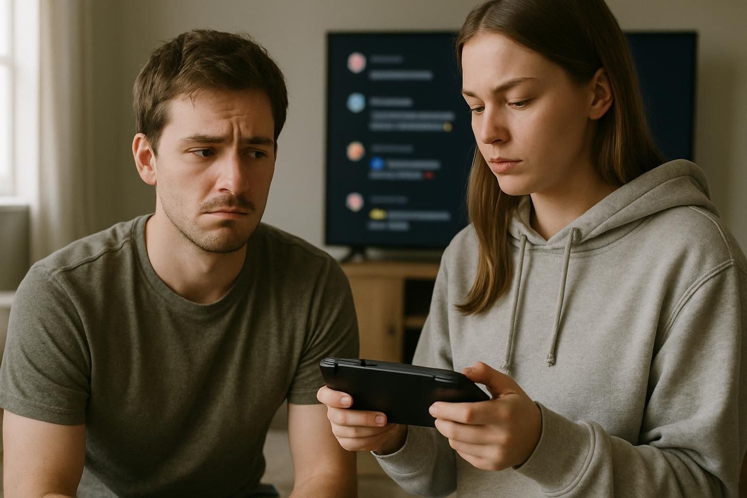 A young man shows quiet frustration while seated next to a focused woman holding a gaming console in a cozy living room. A young man shows quiet frustration while seated next to a focused woman holding a gaming console in a cozy living room.