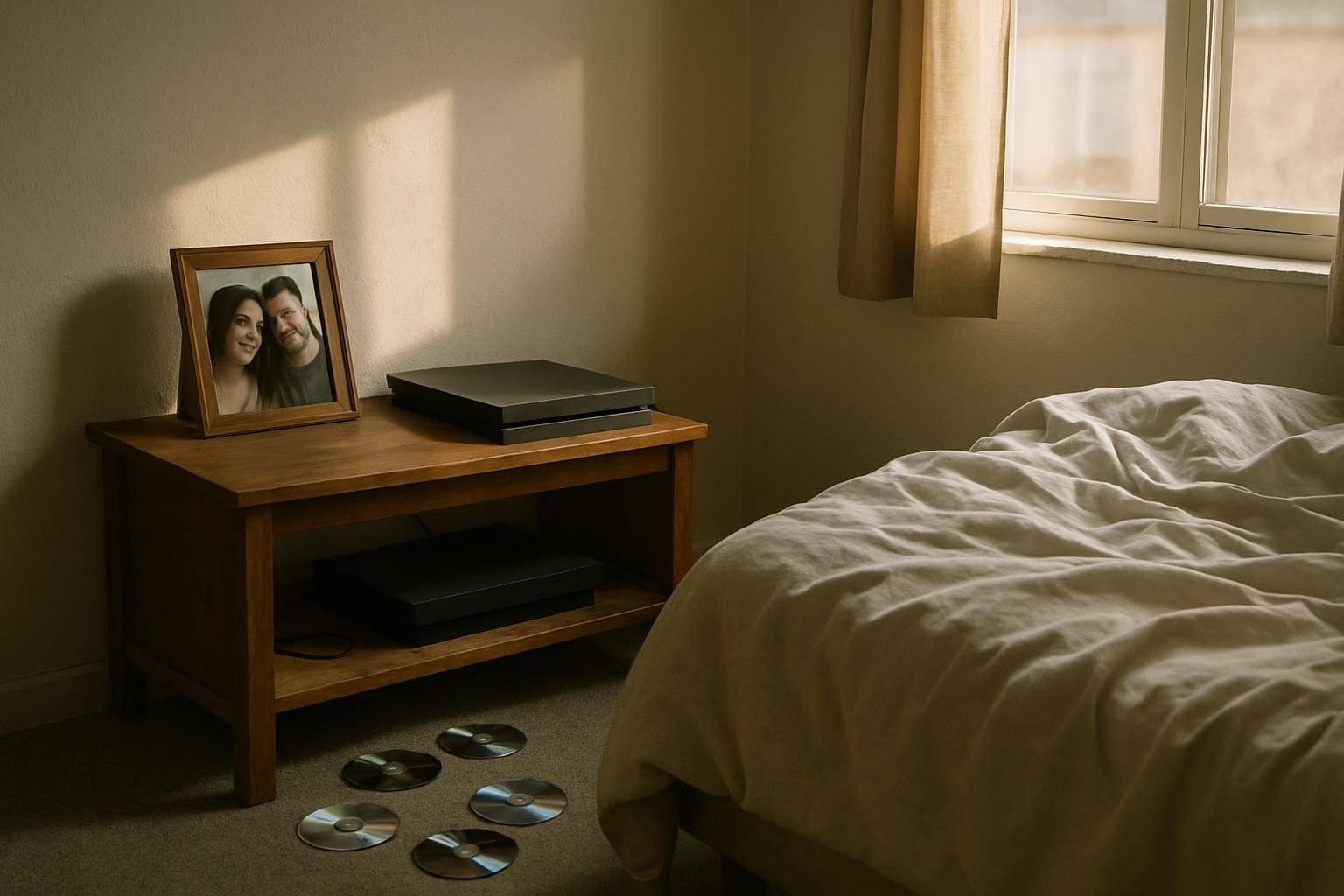 A lived-in bedroom features a bedside table with a photo, a gaming console, scattered game discs, and a rumpled bed. A lived-in bedroom features a bedside table with a photo, a gaming console, scattered game discs, and a rumpled bed.