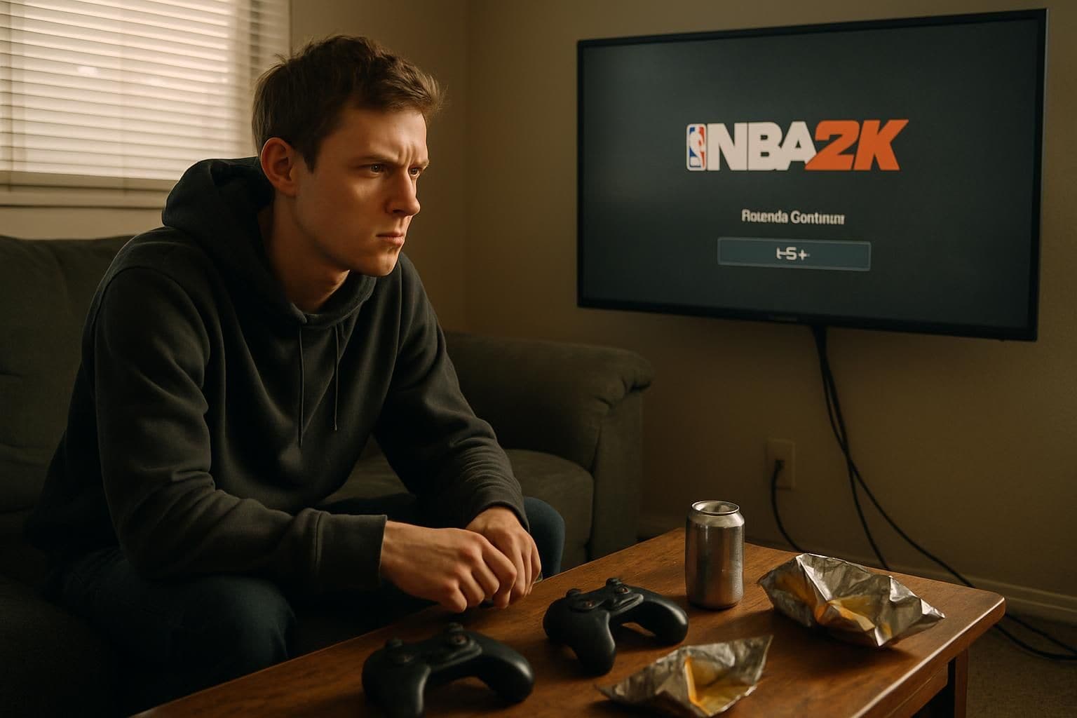 A frustrated young man sits alone on a sofa, focused on a TV displaying the NBA 2K login screen. A frustrated young man sits alone on a sofa, focused on a TV displaying the NBA 2K login screen.