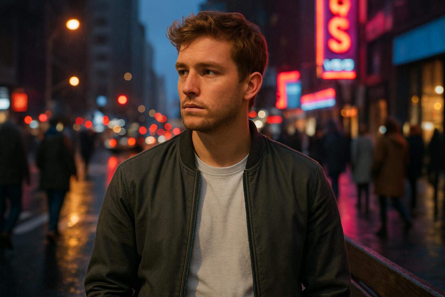 A man in a bomber jacket stands thoughtfully on a bustling city street corner amid passing pedestrians. A man in a bomber jacket stands thoughtfully on a bustling city street corner amid passing pedestrians.