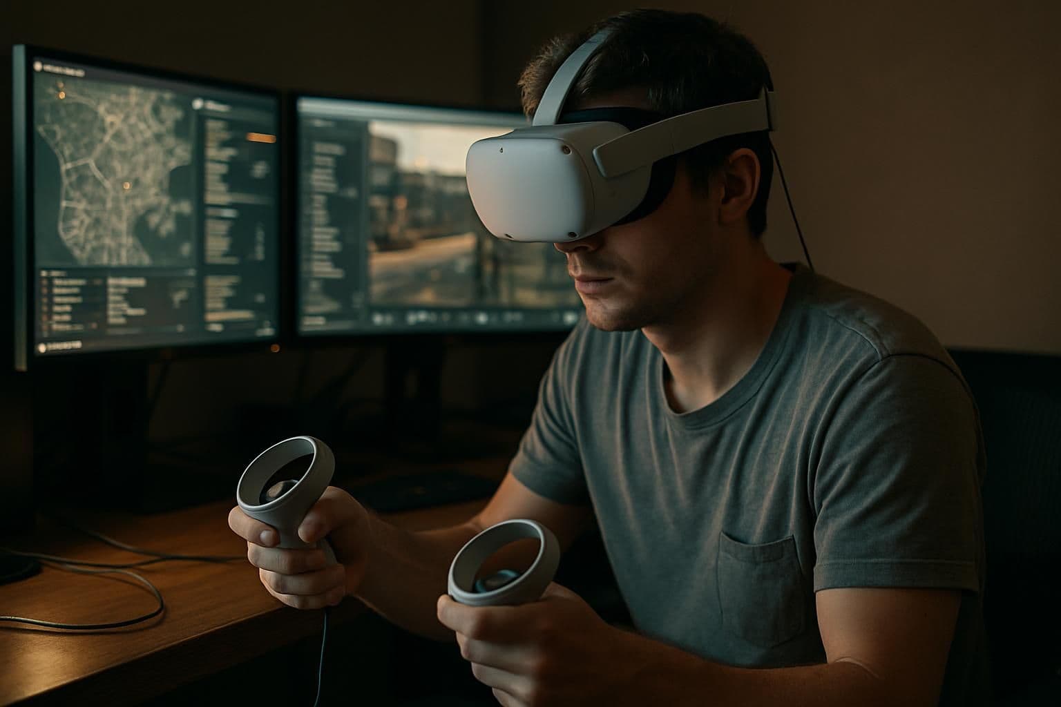 A focused young man engages in a virtual reality game, surrounded by high-tech devices and gaming interfaces. A focused young man engages in a virtual reality game, surrounded by high-tech devices and gaming interfaces.