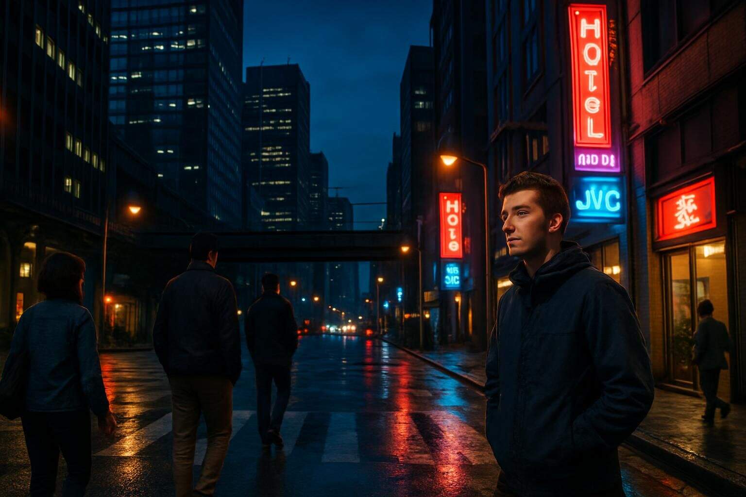 A vibrant nighttime cityscape features towering skyscrapers, neon signs, and pedestrians on wet asphalt streets. A vibrant nighttime cityscape features towering skyscrapers, neon signs, and pedestrians on wet asphalt streets.