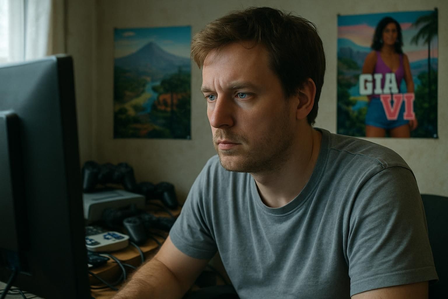 A focused man analyzes gameplay at a cluttered desk surrounded by gaming consoles and posters in a cozy room. A focused man analyzes gameplay at a cluttered desk surrounded by gaming consoles and posters in a cozy room.